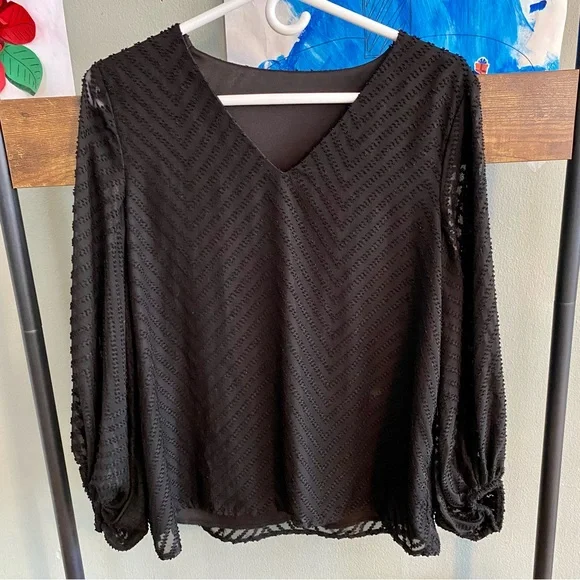 AlvaQ black v-neck chiffon blouse with sheer balloon sleeves size S - Picture 2 of 9